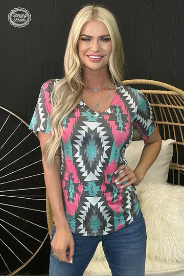 Pink & Turquoise Aztec V-Neck Tee