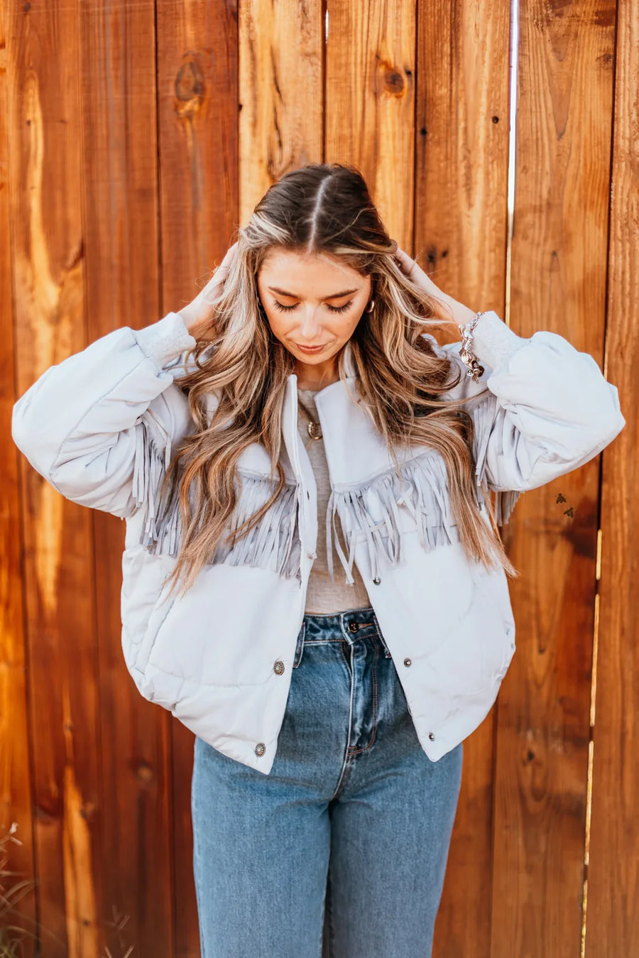 Fringed Puffer Jacket in Chrome