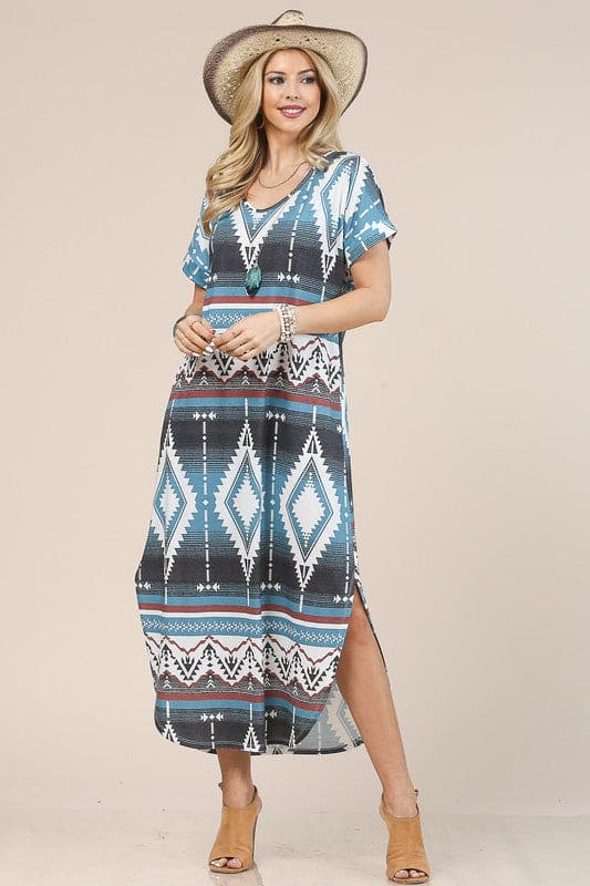 M/L - Blue Aztec Maxi Dress