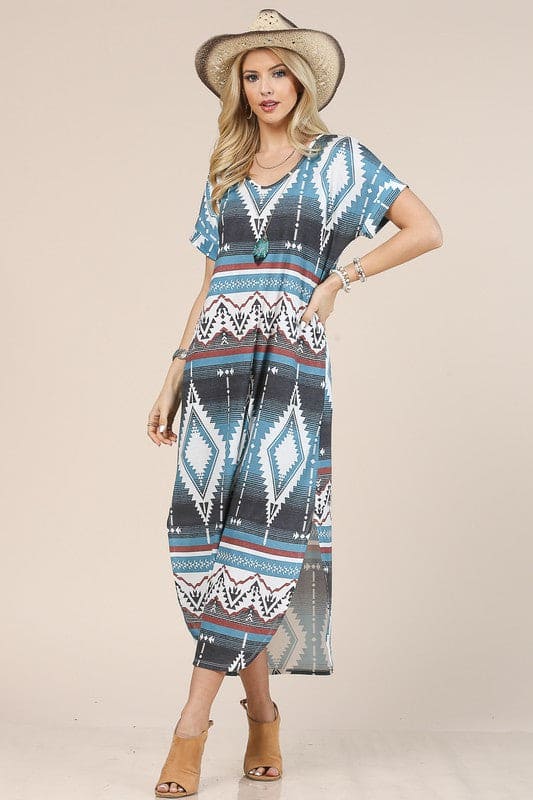 M/L - Blue Aztec Maxi Dress