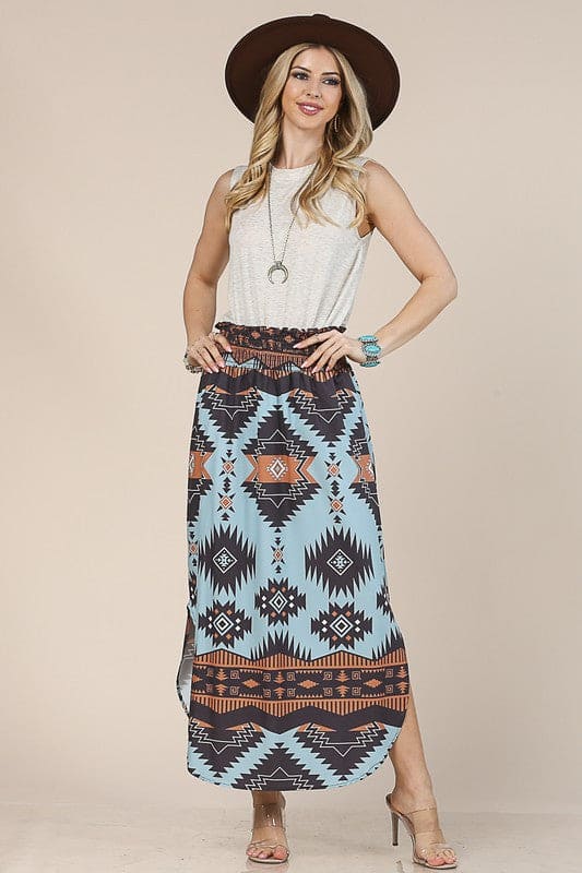 Mocha Aztec Smock Waist Skirt