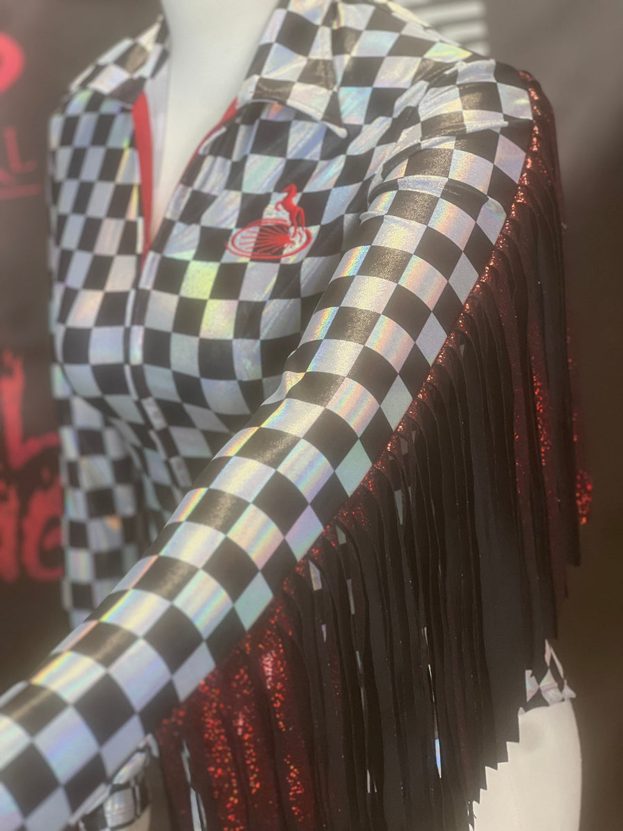 XS - Checkered Hologram + Sleeve Fringe