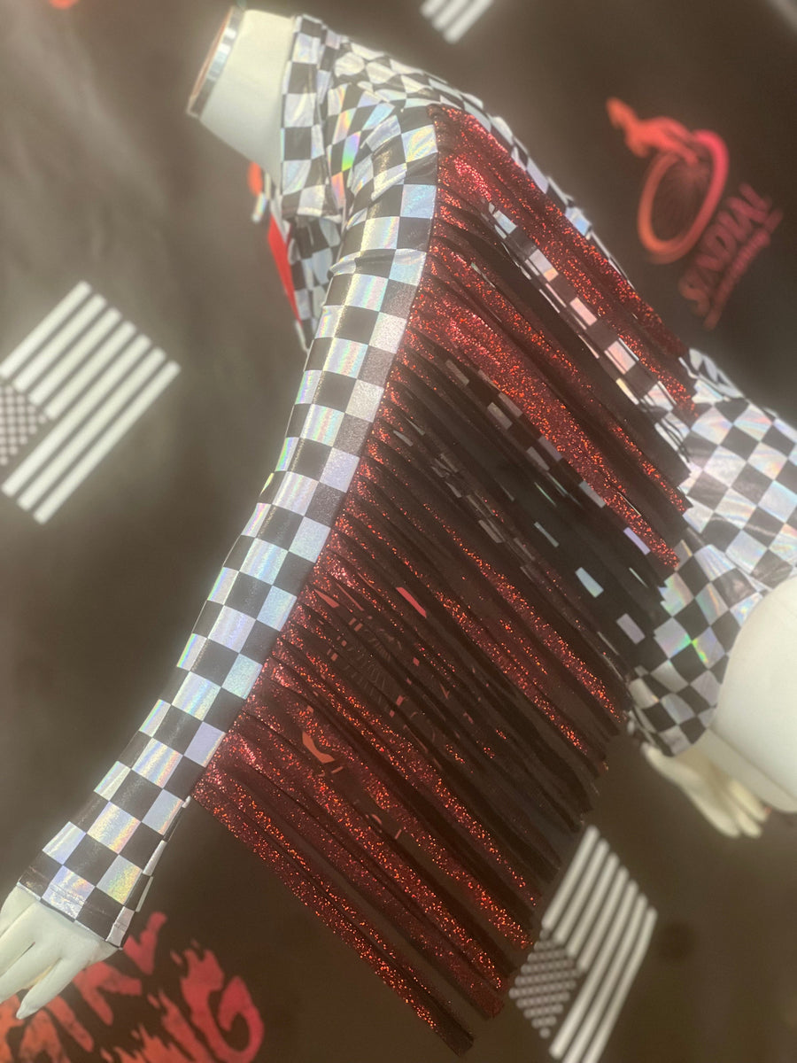 XS - Checkered Hologram + Sleeve Fringe