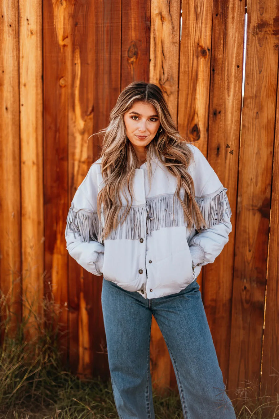 Fringed Puffer Jacket in Chrome