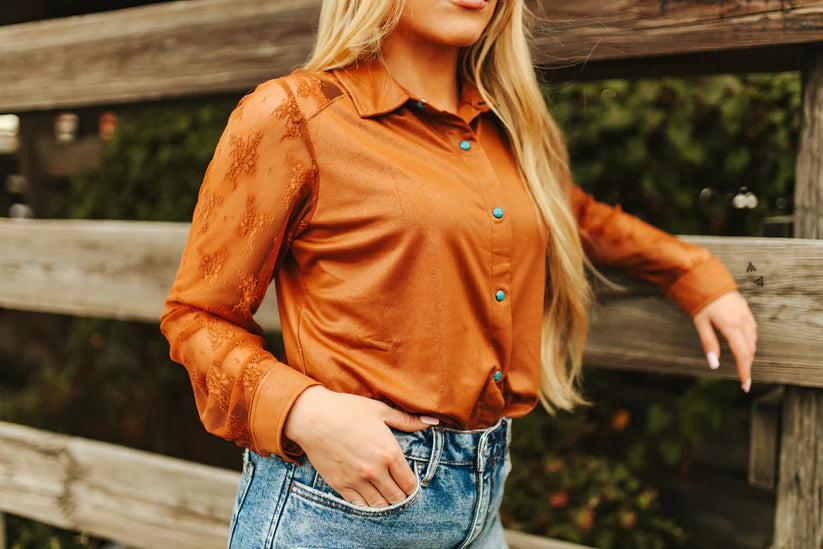 L - Leather & Lace Pearl Snap (Brown)