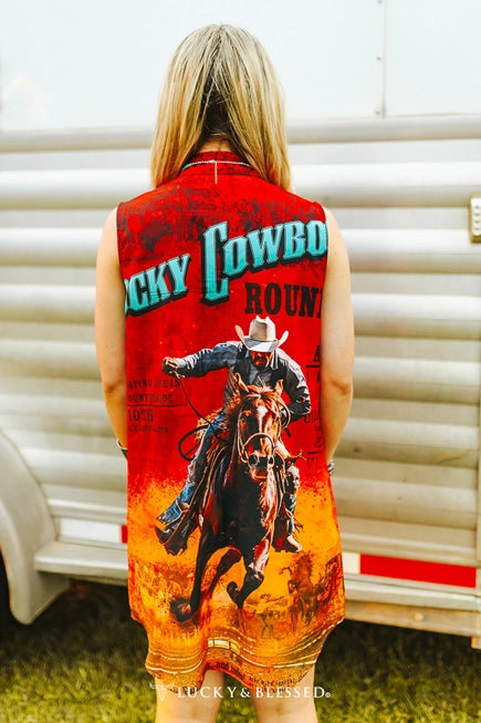 Lucky Cowboy Graphic Print Sleeveless Dress/Duster