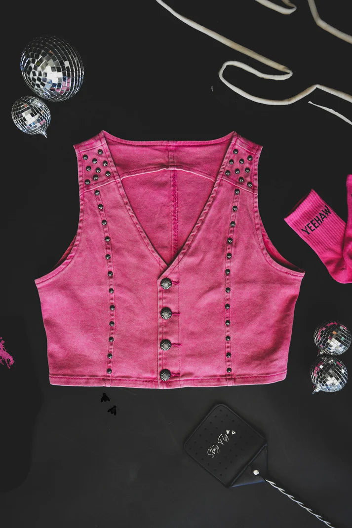 Pink Studded Denim Vest