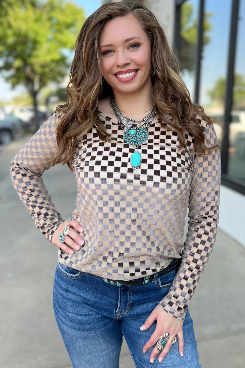 Silver Velvet Checkered Mesh Long Sleeve Top