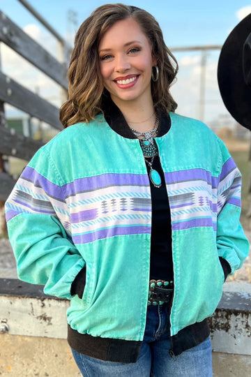 L - Turquoise Throwback Bomber Jacket