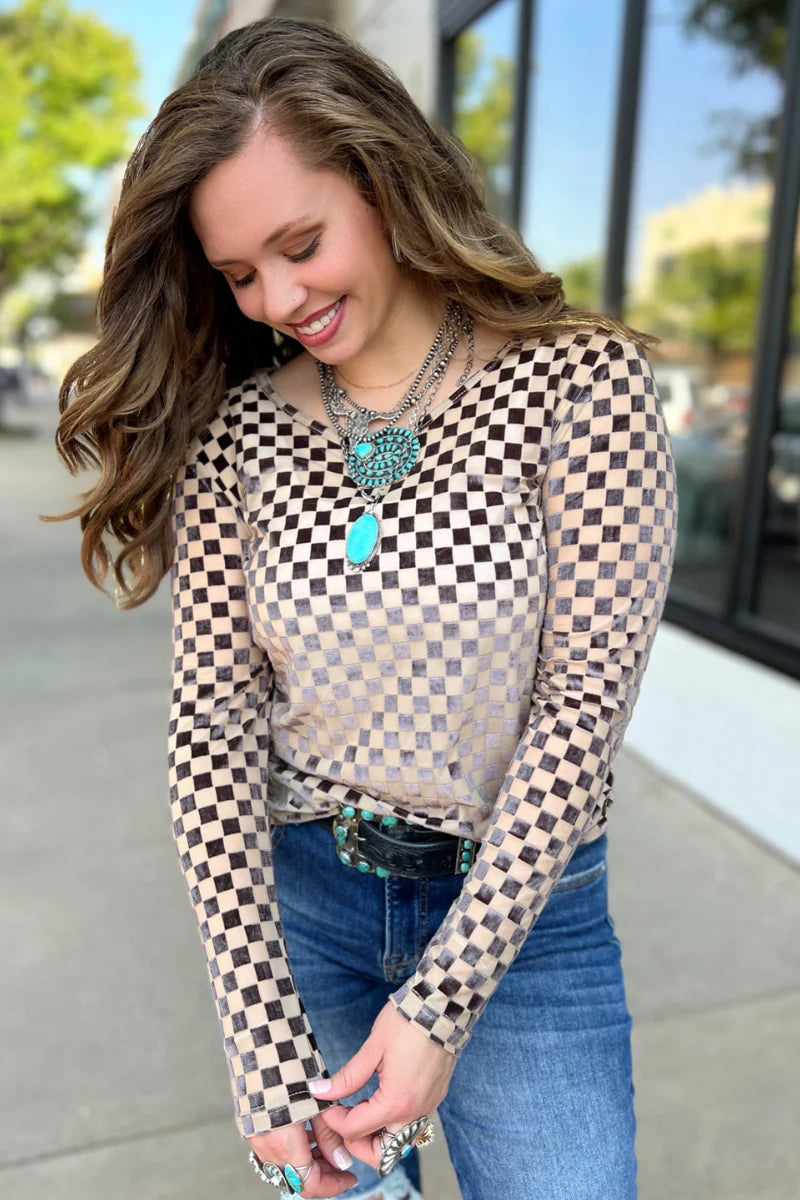 Silver Velvet Checkered Mesh Long Sleeve Top