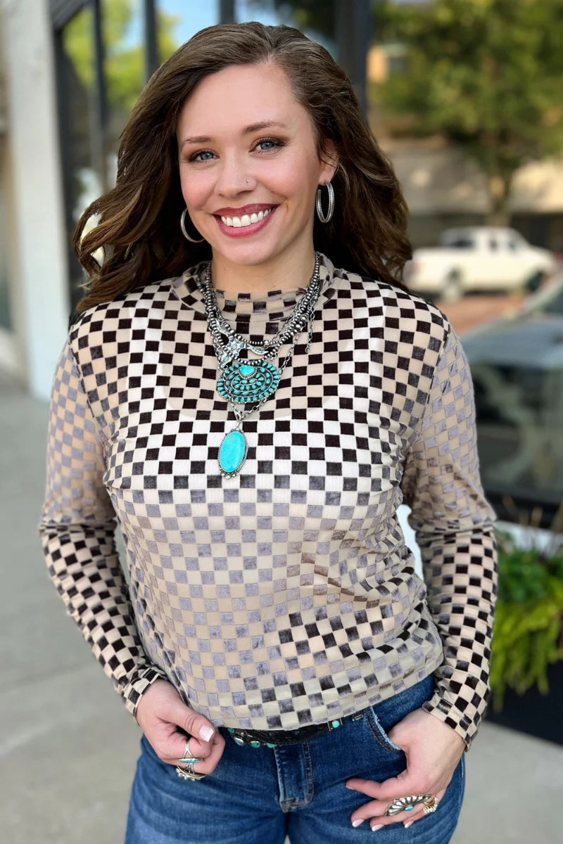 XS - Silver Velvet Checkered Mesh Long Sleeve Top