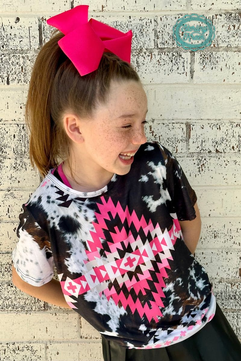 Youth Cowprint Pink Aztec Tee