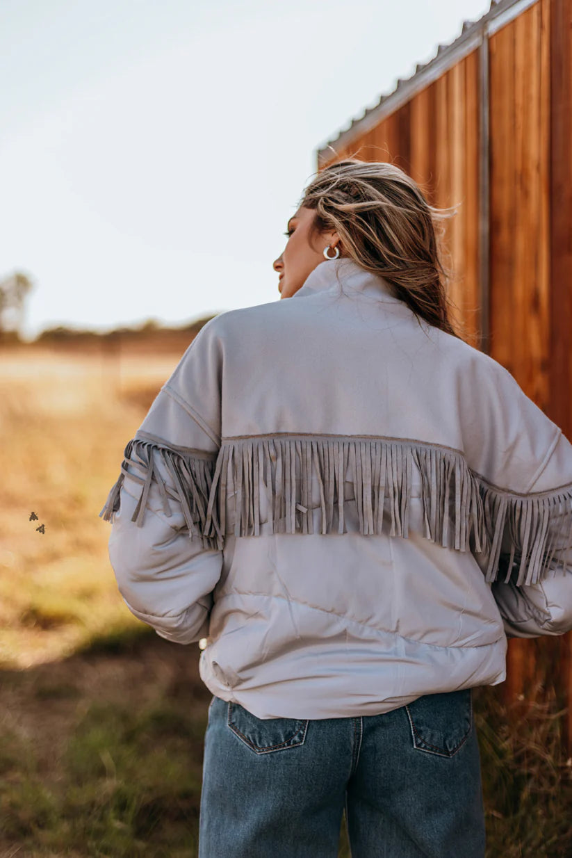 Fringed Puffer Jacket in Chrome