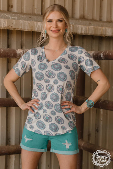 S - Turquoise Concho V-Neck Tee