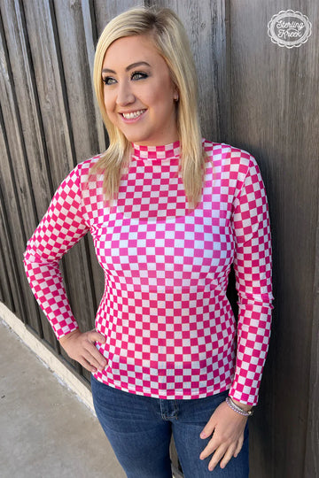 L - Pink Checkered Mesh Long Sleeve Top