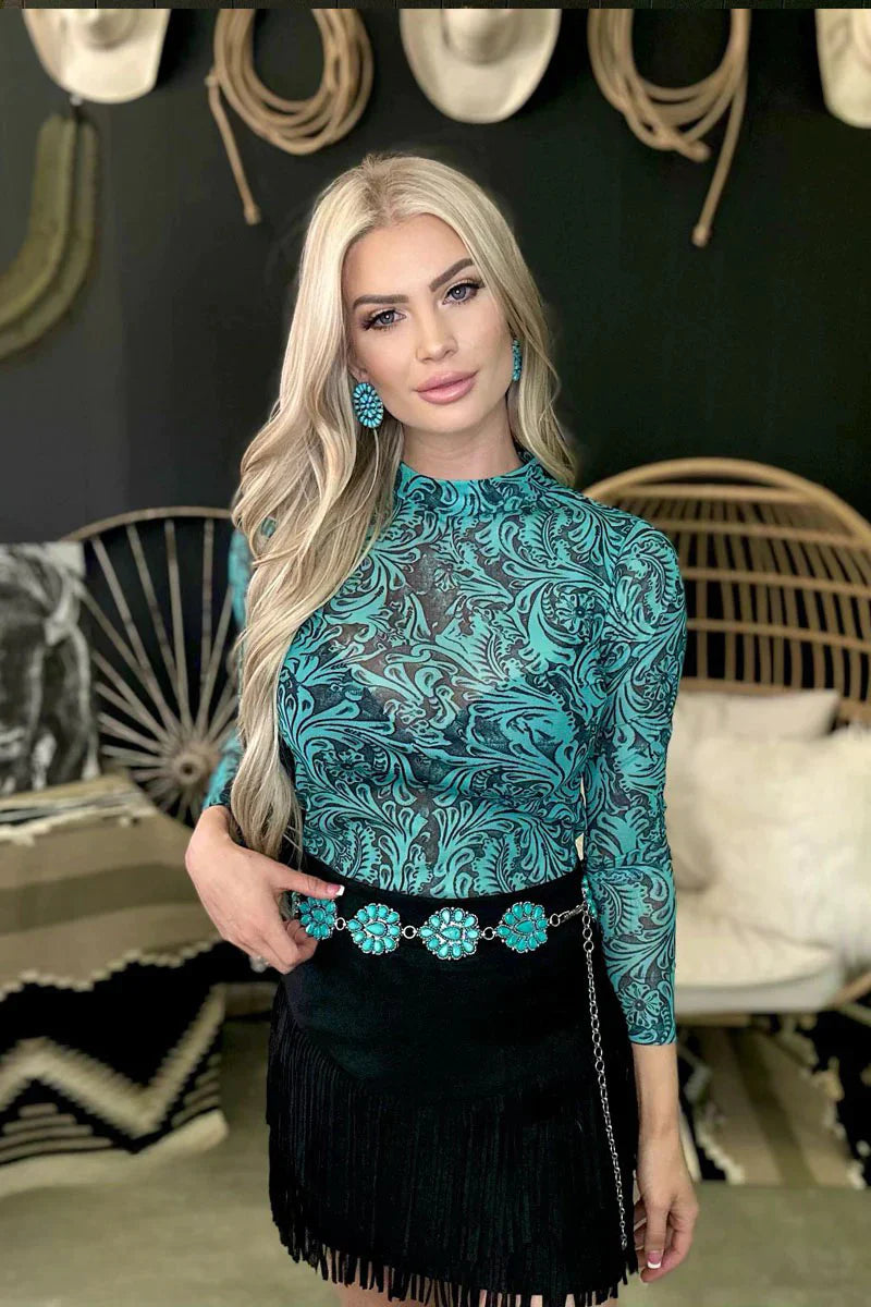 S - Turquoise Tooled Long Sleeve Top
