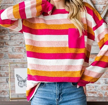 M - Pink Retro Stripe Chenille Sweater