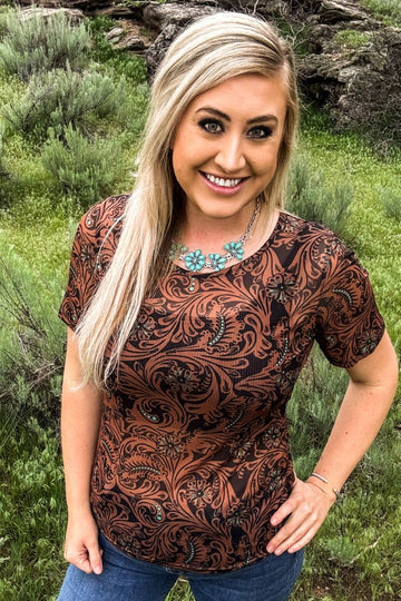 Tooled Leather Mesh Short Sleeve Top