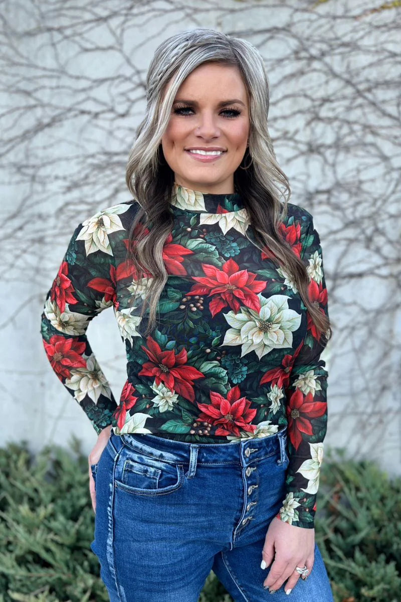 M - Poinsettia Mesh Long Sleeve