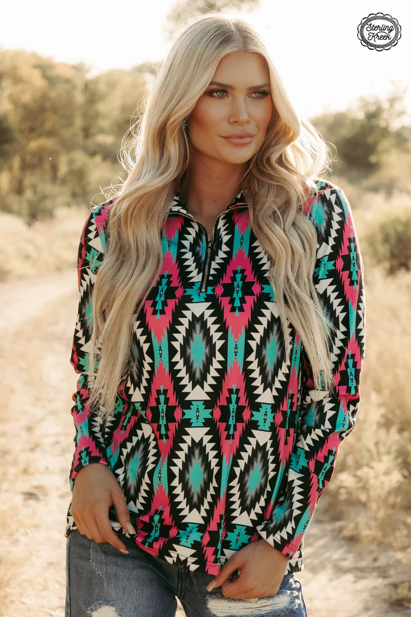 Pink/Turquoise Aztec Fleece Pullover