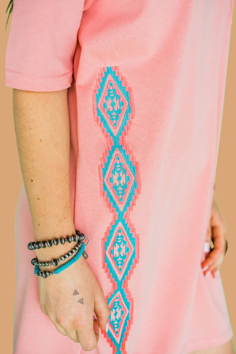 Peachy-Keen Embroidered T-Shirt Dress